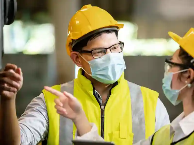 Two construction workers wearing yellow safety vests, yellow hard hats, and face masks discuss work. One points while the other listens attentively.