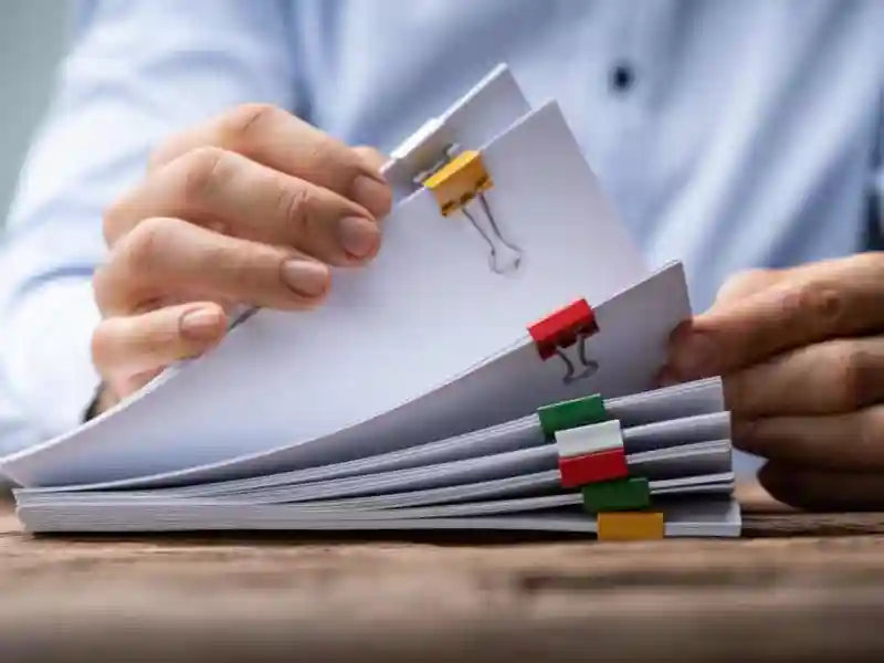 Person looking through a stack of papers